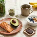 Editorial spread of 15 foods that lower cortisol levels including salmon, spinach, avocado, dark chocolate, Greek yogurt, and green tea