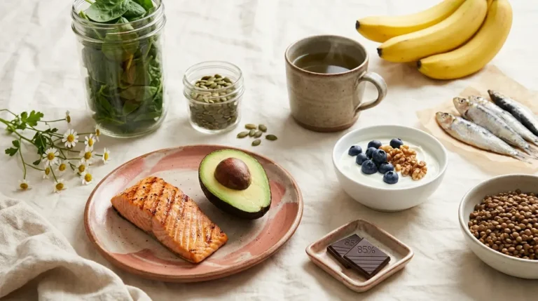 Editorial spread of 15 foods that lower cortisol levels including salmon, spinach, avocado, dark chocolate, Greek yogurt, and green tea