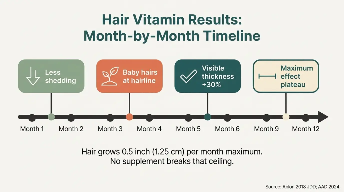 Month-by-month timeline showing what to expect from hair vitamins, from less shedding at month 1-2 to visible thickness gains at month 5-6 and plateau at month 9-12