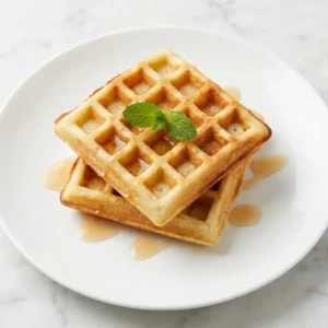 2 ingredient keto cream cheese waffles on a white plate with sugar free syrup