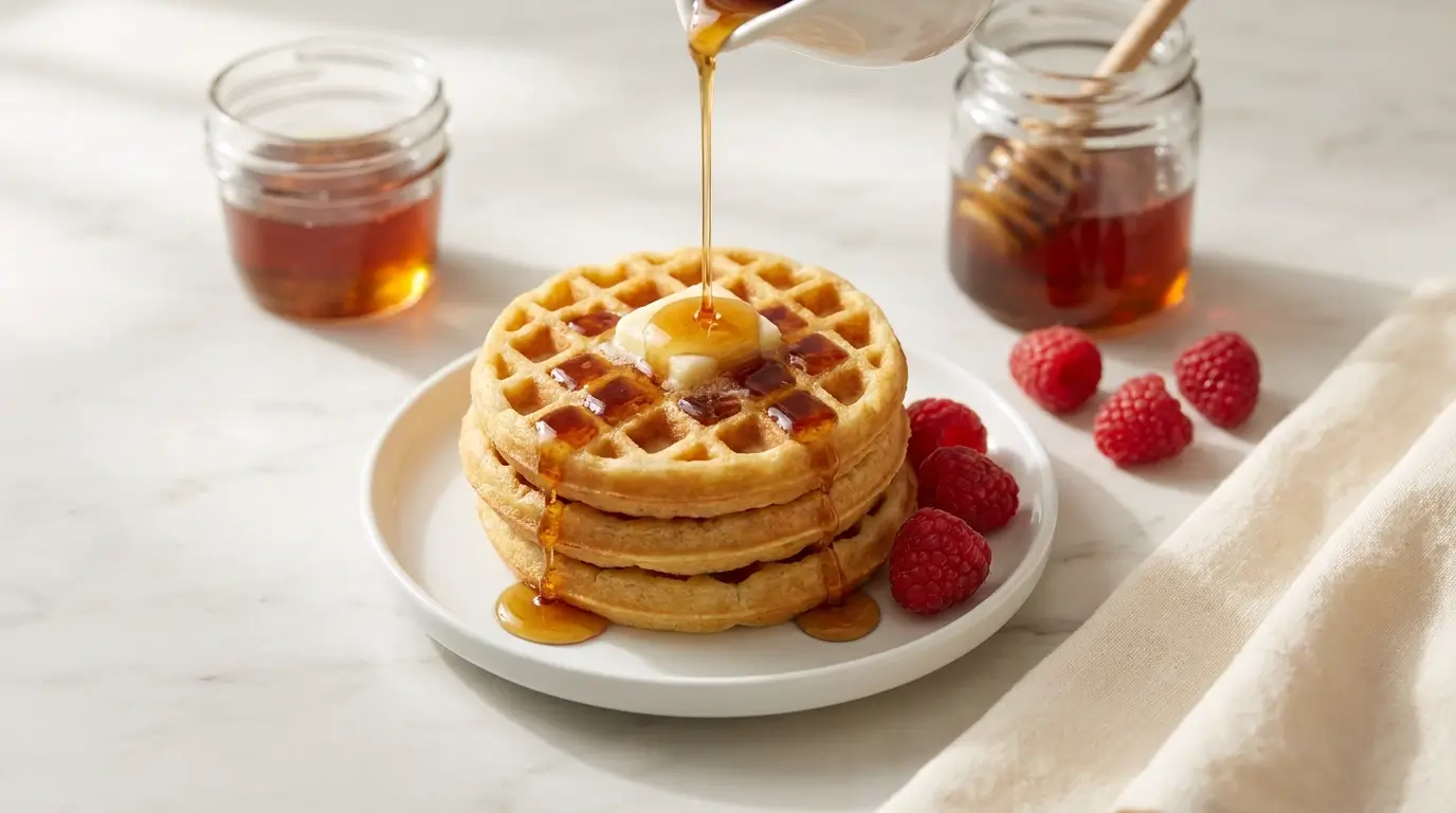 2 ingredient keto waffles cream cheese recipe stacked on a plate with sugar free syrup and raspberries