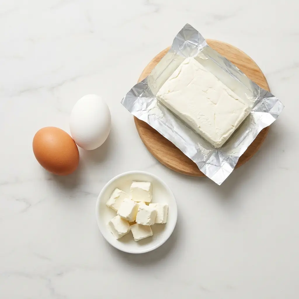 Two large eggs and a block of full fat cream cheese, the only two ingredients for keto waffles