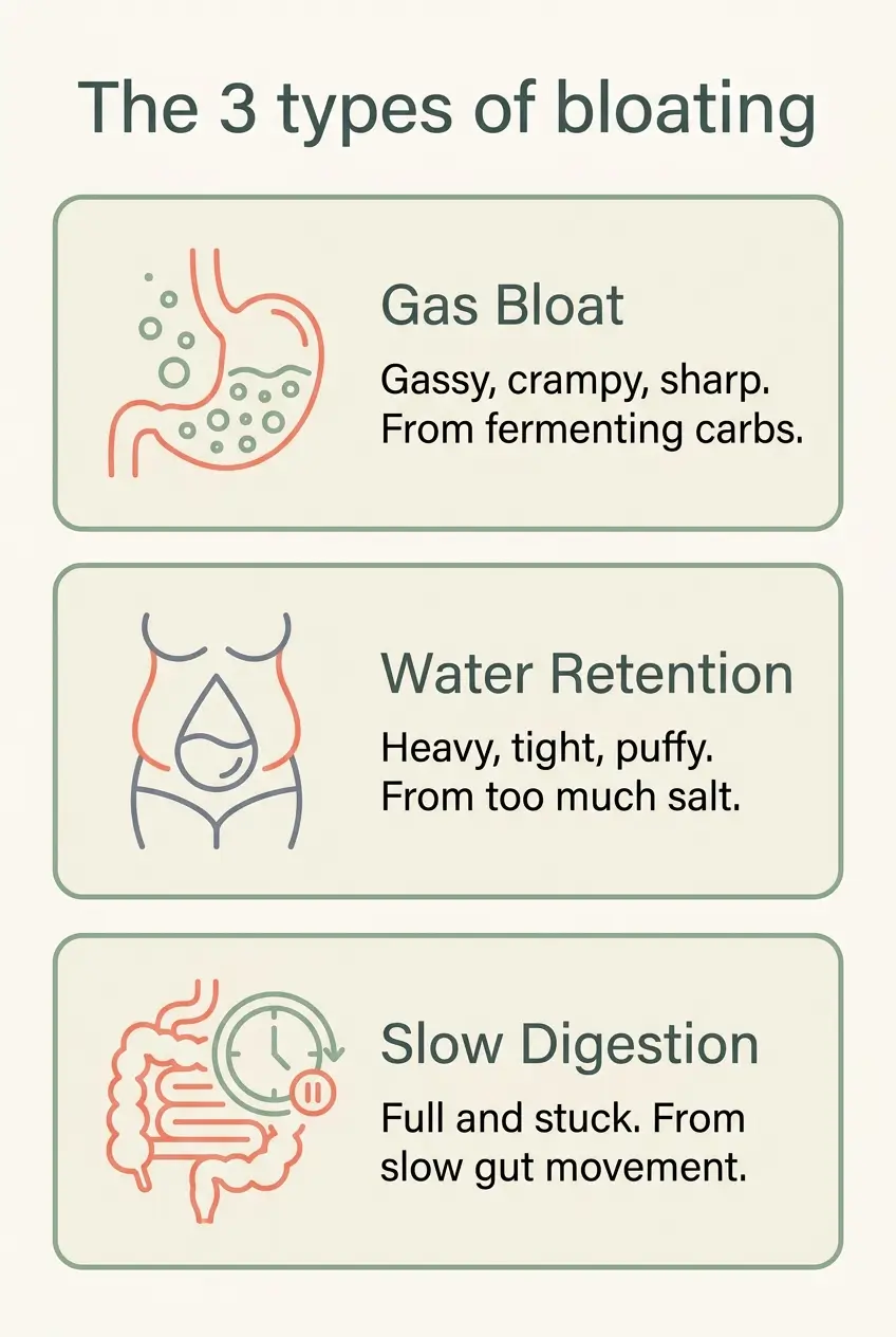 Infographic showing the three types of bloating, gas, water retention, and slow digestion, with how each one feels and what causes it.