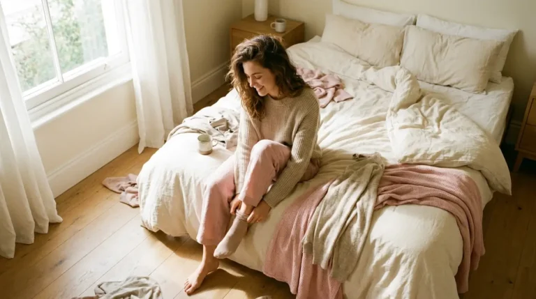 Woman getting dressed in a soft, naturally lit bedroom in the morning