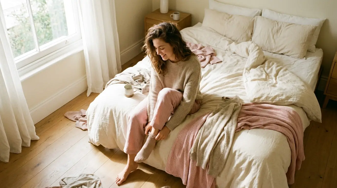 Woman getting dressed in a soft, naturally lit bedroom in the morning