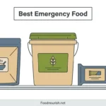 Best emergency food comparison showing a freeze-dried pouch, food storage bucket, and ration bar