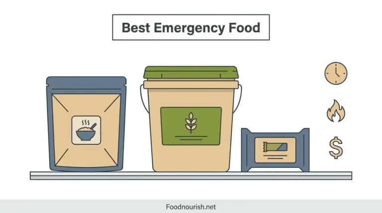 Best emergency food comparison showing a freeze-dried pouch, food storage bucket, and ration bar