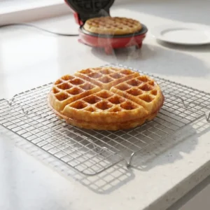 Freshly cooked keto waffle cooling on a wire rack to prevent sogginess