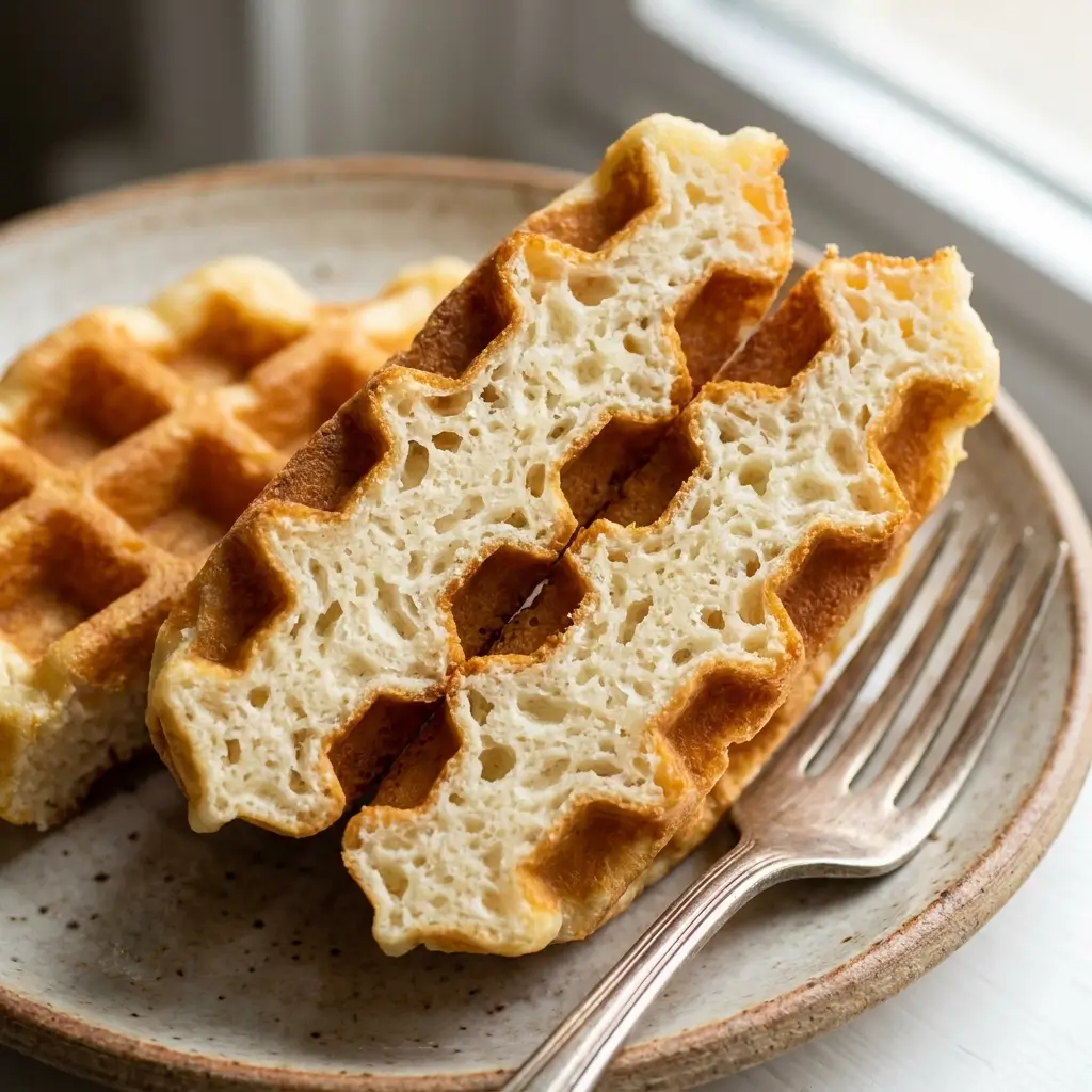 Cross section of a fluffy keto cream cheese waffle showing the light airy interior