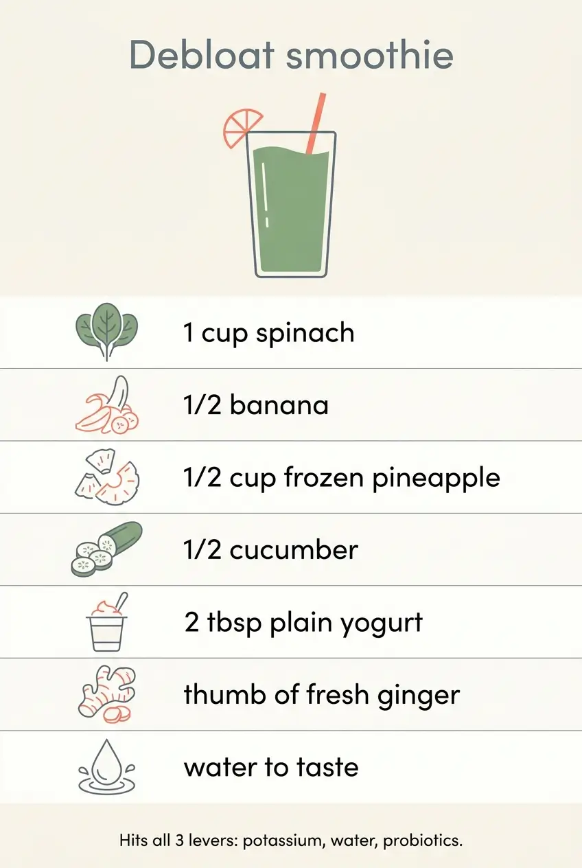 Debloat smoothie recipe card listing spinach, banana, pineapple, cucumber, yogurt, and ginger with the finished green smoothie