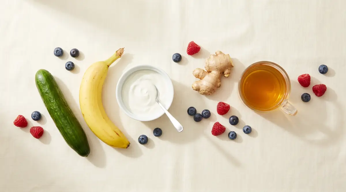 Overhead flat-lay of debloating foods including cucumber, banana, yogurt, ginger, berries, and herbal tea on a cream linen background