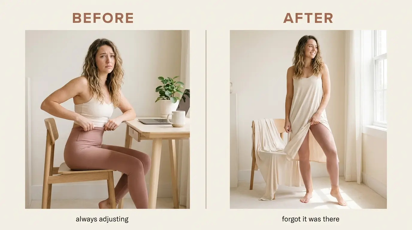 Before and after of a woman in leggings, restless and adjusting versus relaxed with a smooth line.