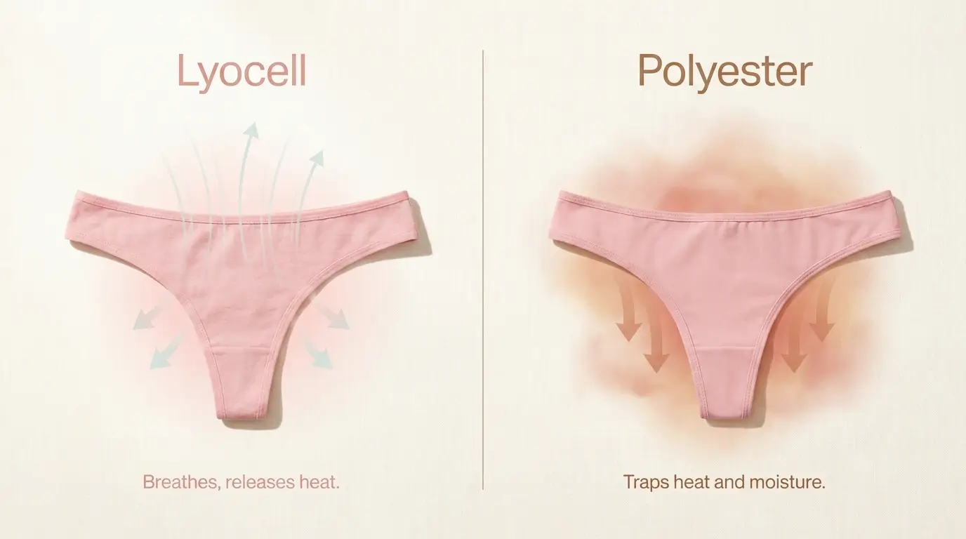 Comparison showing Lyocell gusset releasing heat versus polyester gusset trapping heat.