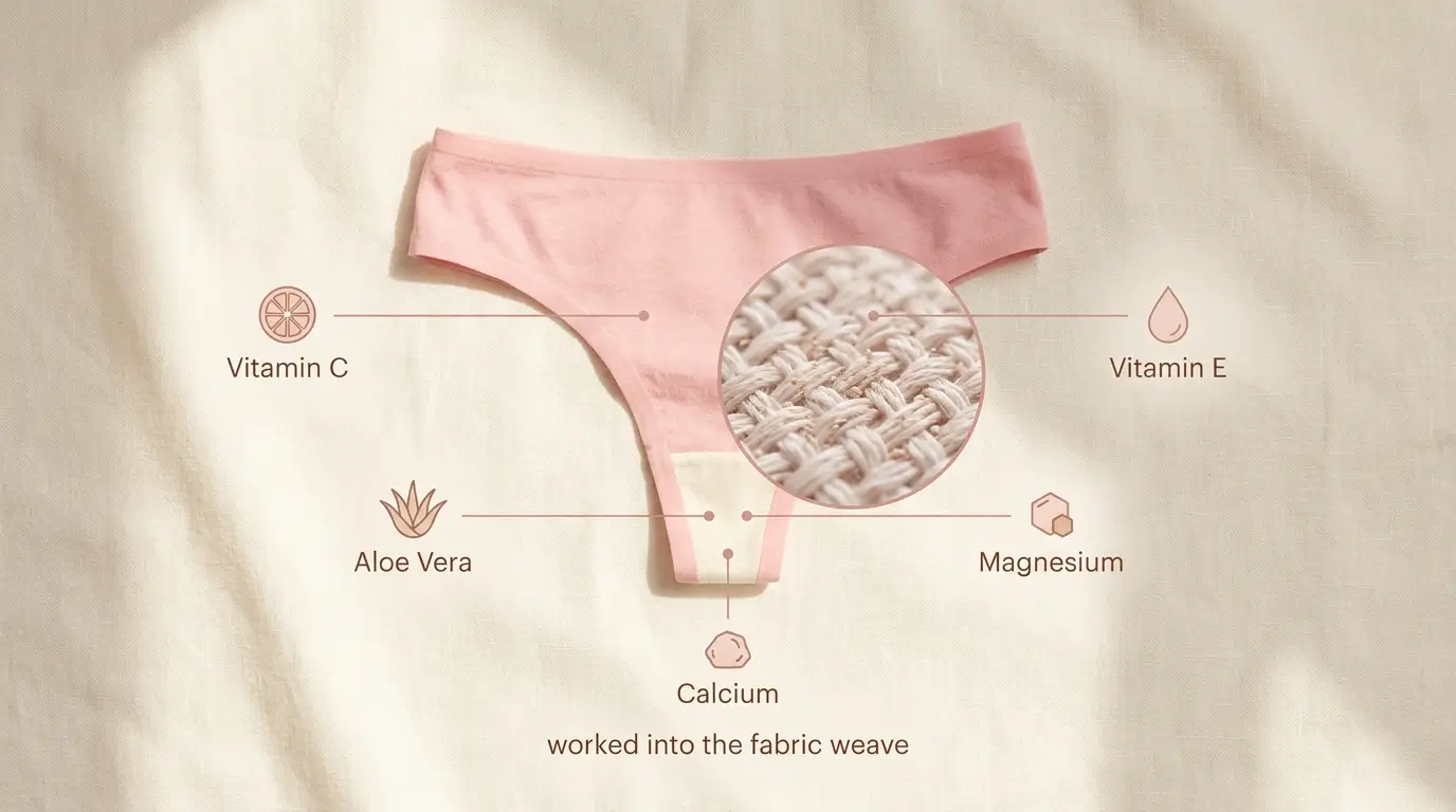 Pink thong gusset with five icons showing Vitamin C, Vitamin E, Aloe Vera, Magnesium, and Calcium woven into the fabric