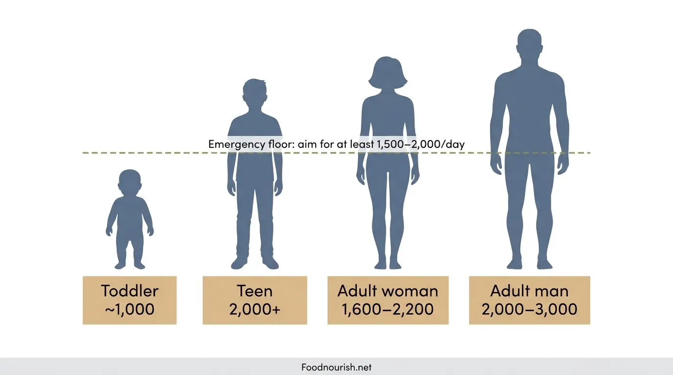 Daily calorie needs by age for emergency food planning, from toddlers to adults