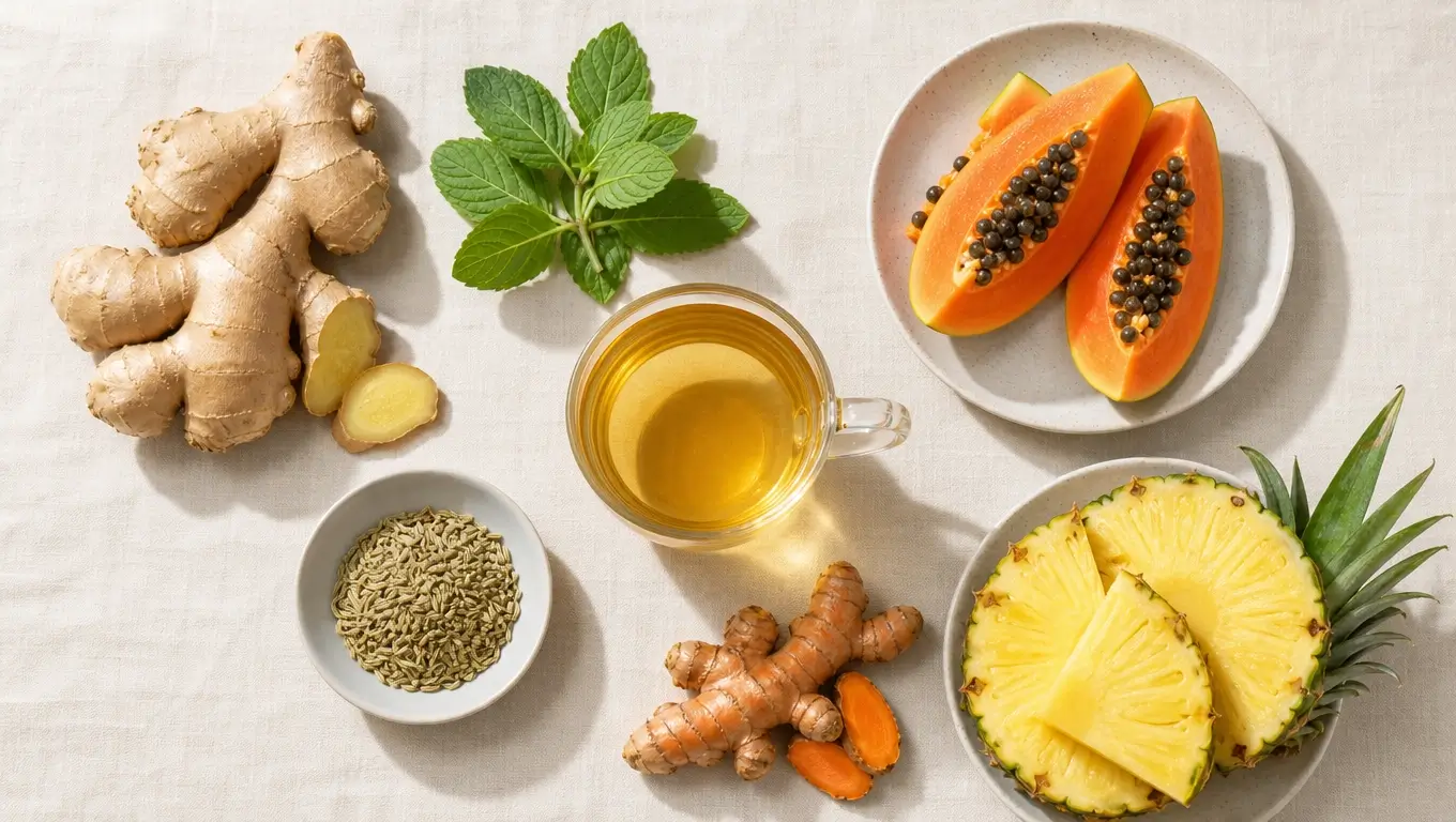 Flat-lay of foods for gas and cramping including ginger, peppermint, fennel seeds, herbal tea, papaya, pineapple, and turmeric.