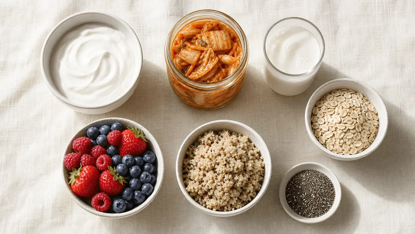 Flat-lay of foods for gut health including yogurt, kimchi, kefir, oats, berries, quinoa, and chia seeds