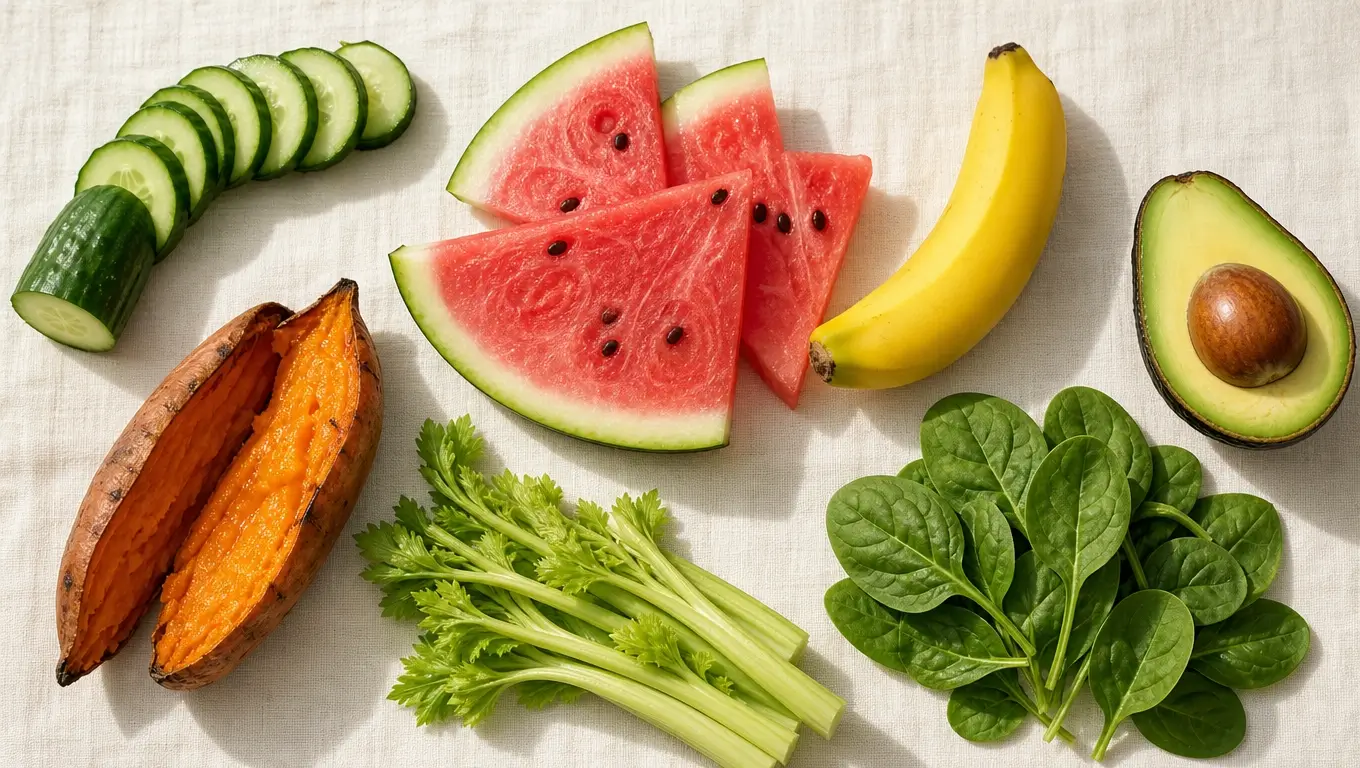 Flat-lay of foods for water retention bloat including cucumber, watermelon, banana, avocado, sweet potato, celery, and spinach