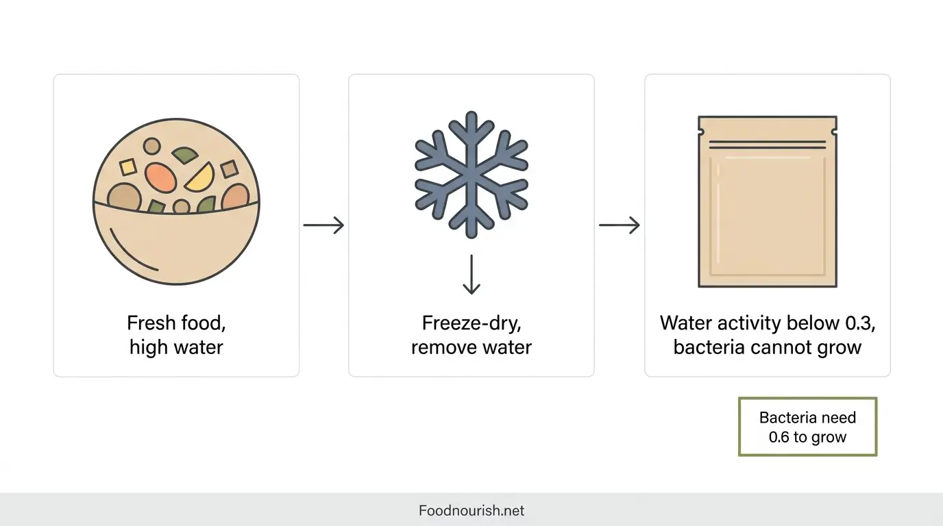 Diagram showing how freeze-drying removes water so emergency food lasts up to 30 years