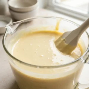 Smooth pale yellow keto waffle batter in a glass measuring cup showing the correct texture after blending