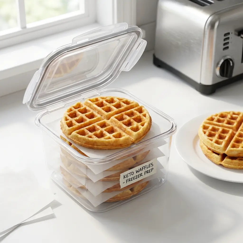 Batch of keto cream cheese waffles stacked with parchment paper in a freezer container for meal prep