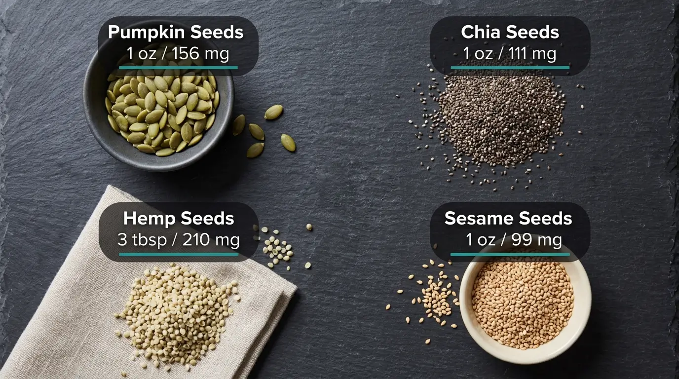 Overhead editorial photo of four magnesium-rich seeds — pumpkin seeds, chia seeds, hemp seeds, and sesame seeds — with magnesium content callouts per serving
