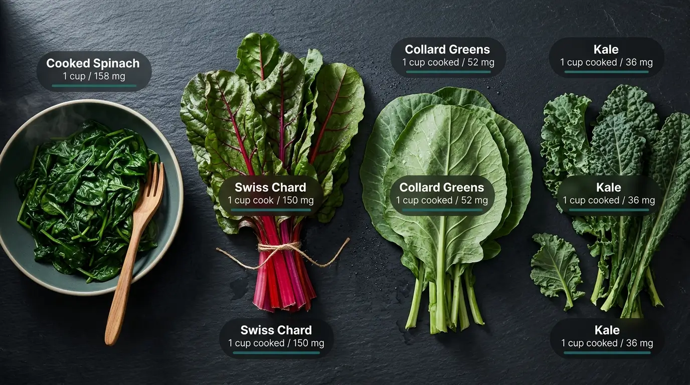 Overhead editorial photo of four magnesium-rich leafy greens — cooked spinach, Swiss chard, collard greens, and kale — with magnesium per cup callouts