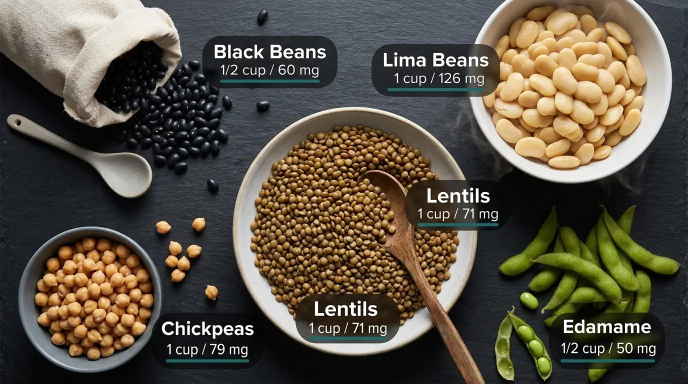 Overhead editorial photo of five magnesium-rich legumes, black beans, lima beans, lentils, chickpeas, and edamame with magnesium content callouts per serving