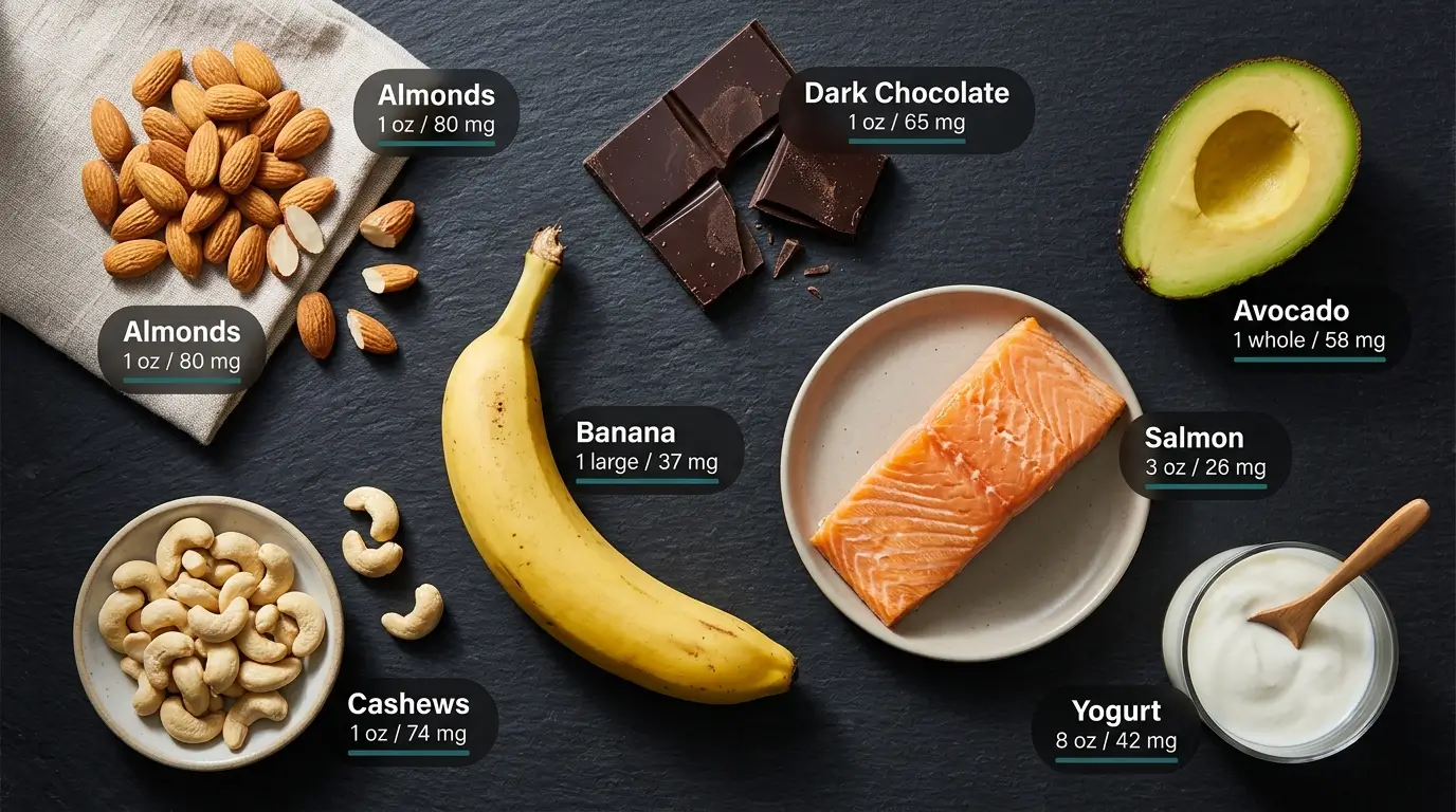 Overhead editorial photo of magnesium-rich foods including almonds, dark chocolate, avocado, banana, salmon, cashews, and yogurt with magnesium content callouts per serving