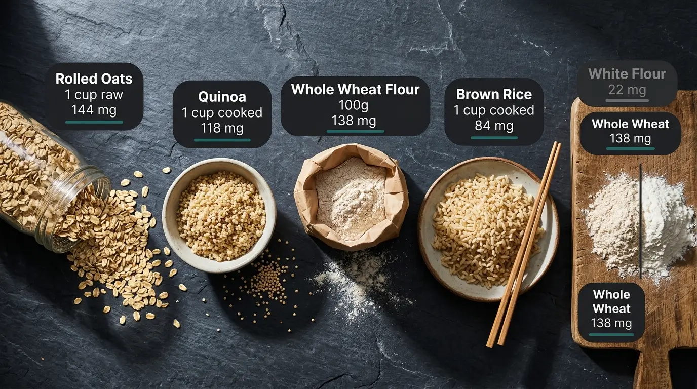 Overhead editorial photo of whole grain magnesium sources — rolled oats, quinoa, whole wheat flour, and brown rice — with a visual comparison showing magnesium loss between whole wheat and white flour