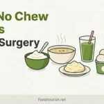 Illustrated guide showing soft no-chew foods including yogurt, soup, mashed potatoes, smoothie, ice cream, and applesauce with benefit callouts for easy swallowing, no jaw pain, and complete nutrition