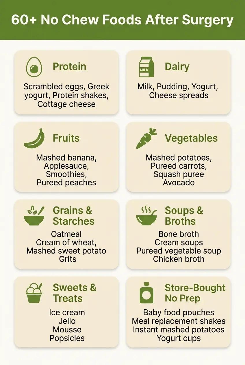 Infographic showing 80+ no chew foods after surgery grouped into protein, dairy, fruits, vegetables, grains, soups, sweets, and store-bought categories