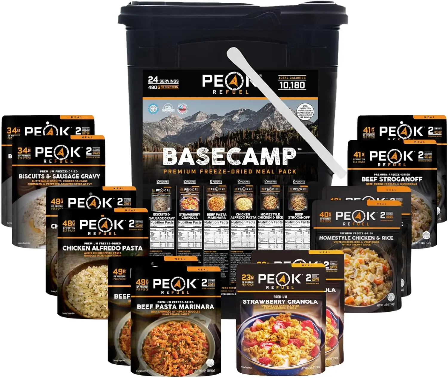 Peak Refuel Basecamp Bucket 3.0 | 480g Protein | 10180 Calories | 100% Real Meat | Premium Freeze Dried Backpacking & Camping Food | 24 Servings | Ideal MRE Survival Meal