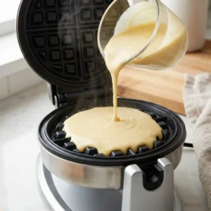 Pouring keto waffle batter into a mini waffle maker, showing the correct portion size