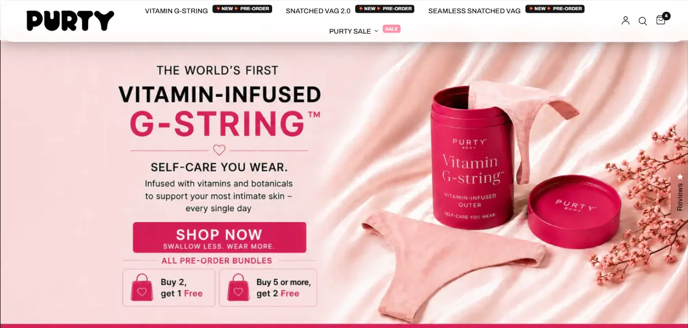 PurtyBody homepage showing 30,000+ verified customers and 4.6 out of 5 star rating
