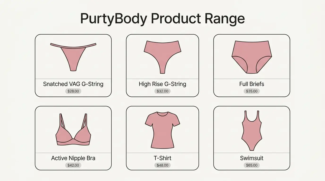 PurtyBody product lineup showing G-String, High Rise G-String, Full Briefs, Active Nipple Bra, T-Shirt and Swimsuit