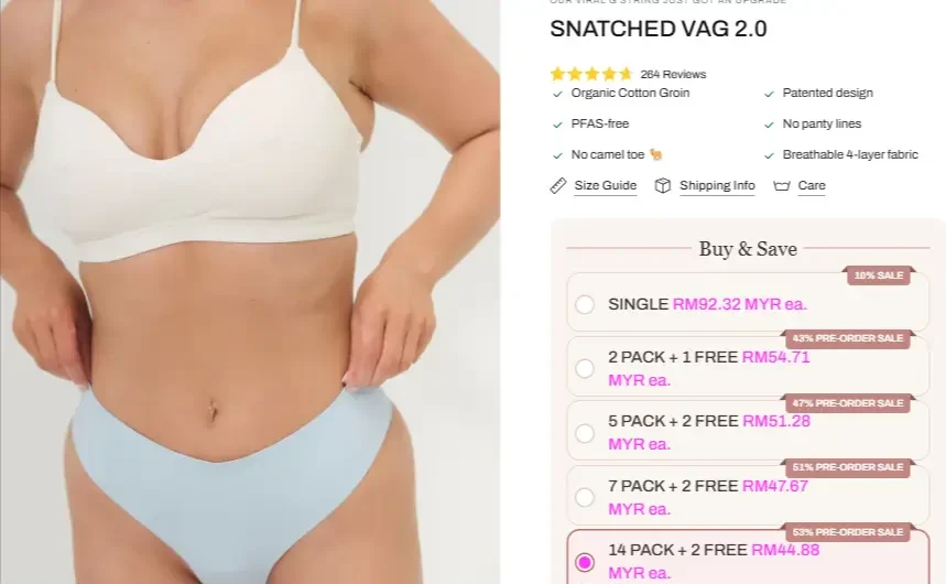 PurtyBody Snatched VAG G-String product page showing bundle pricing tiers from Buy 2 Get 1 Free to Buy 7 Get 7 Free