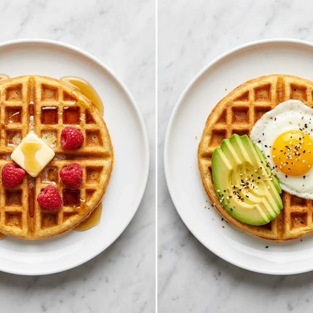 Two keto cream cheese waffles, one sweet with syrup and berries, one savory with avocado and fried egg