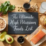 Overhead shot of high potassium foods including beet greens, white beans, avocado, salmon, potato, coconut water, pistachios, and molasses arranged around a chalkboard with the article title.