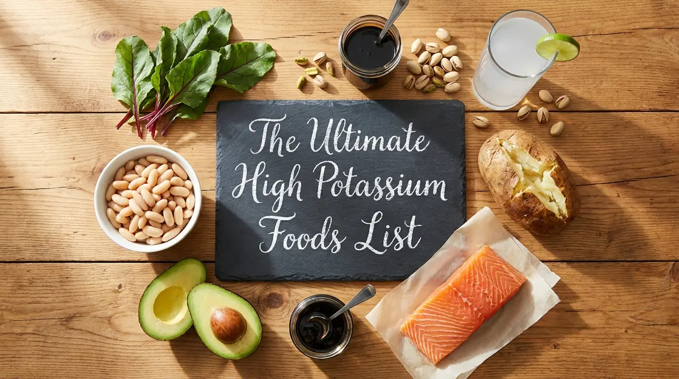 Overhead shot of high potassium foods including beet greens, white beans, avocado, salmon, potato, coconut water, pistachios, and molasses arranged around a chalkboard with the article title.