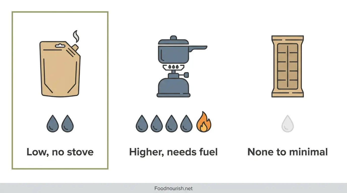 Comparison of water and fuel needed to prepare different emergency food kit types