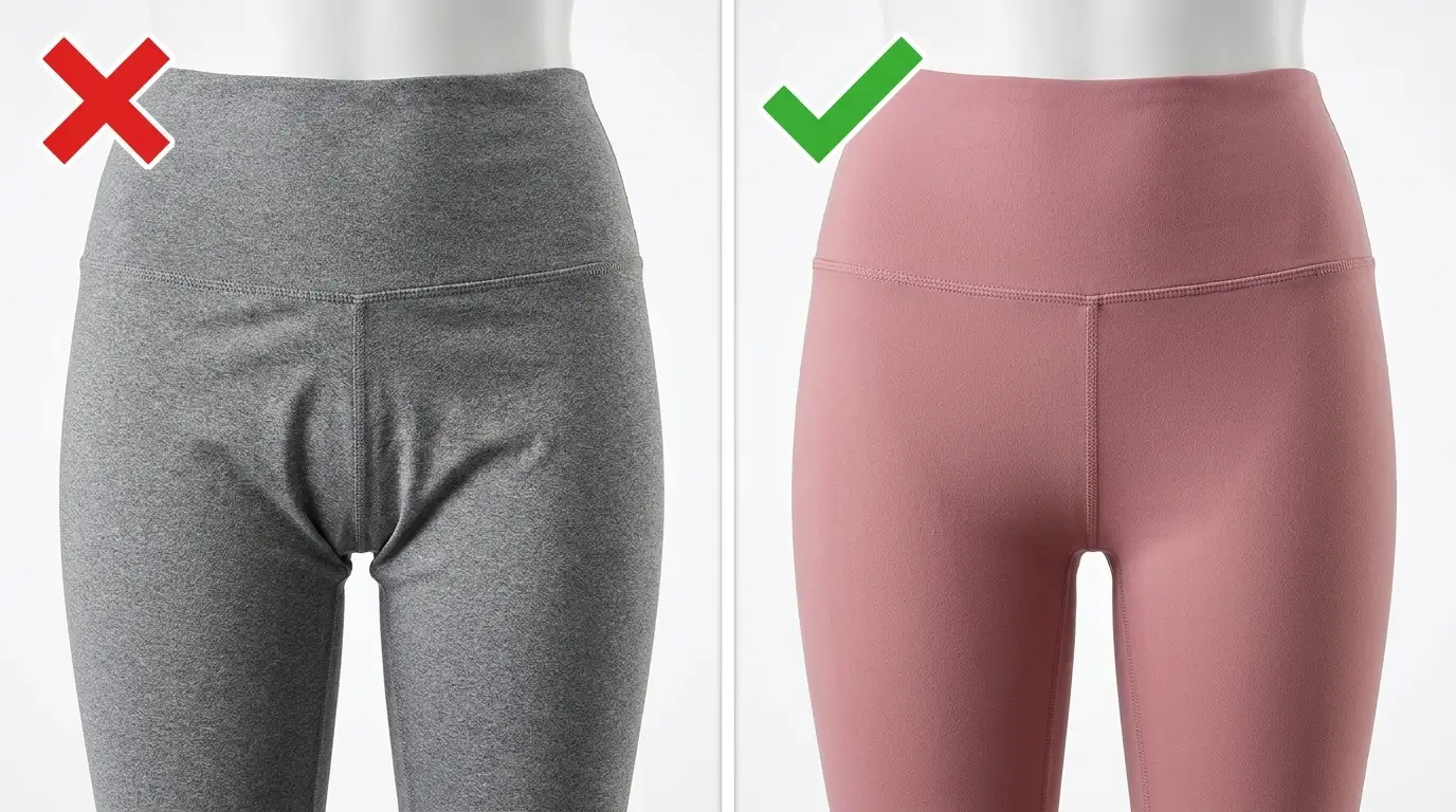 Split-screen comparison showing grey leggings with visible camel toe fabric bunching marked with red X versus pink PurtyBody leggings with smooth flat gusset marked with green checkmark on white mannequin