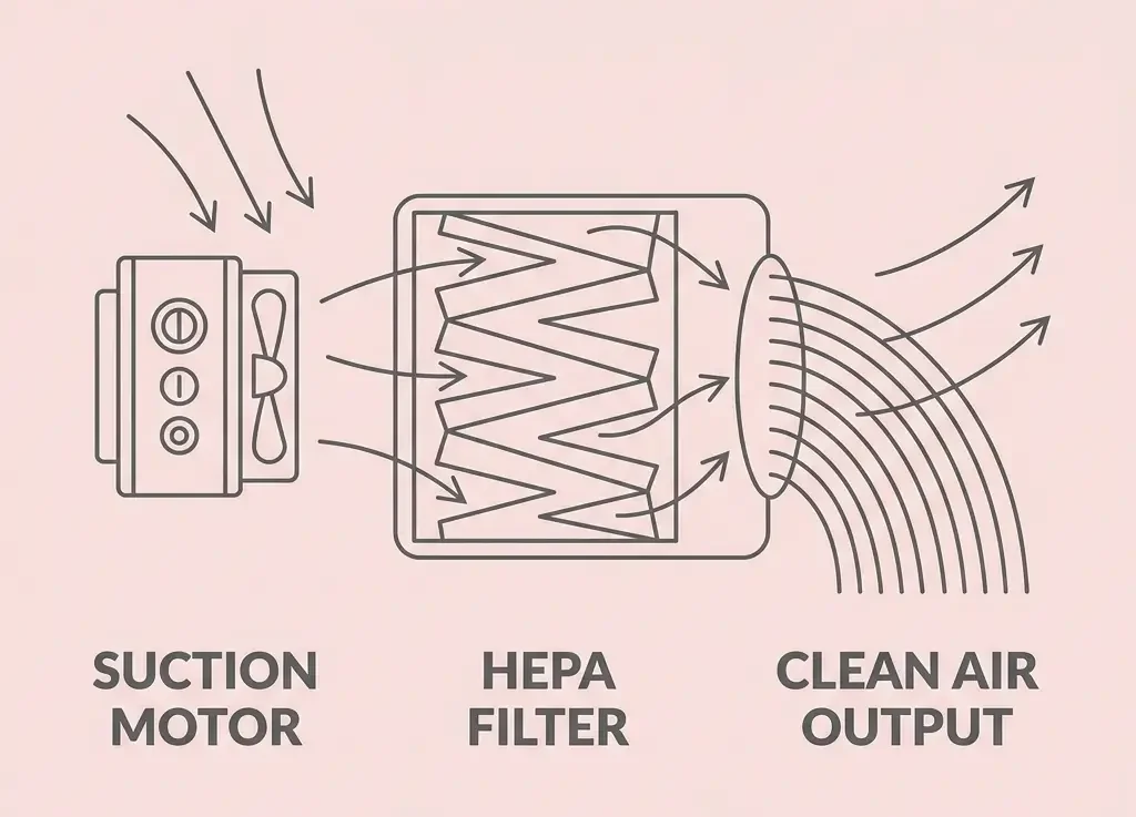 Diagram of a nail dust collector cross section showing suction motor, HEPA filter, and clean air output with airflow arrows.