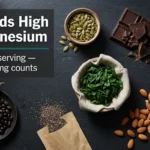 Overhead editorial photo of magnesium-rich foods including pumpkin seeds, dark chocolate, avocado, spinach, almonds, oats, chia seeds, and black beans arranged on a dark slate surface