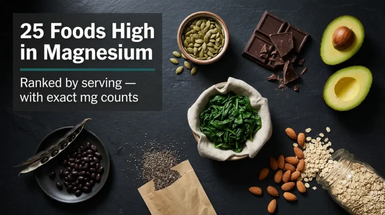 Overhead editorial photo of magnesium-rich foods including pumpkin seeds, dark chocolate, avocado, spinach, almonds, oats, chia seeds, and black beans arranged on a dark slate surface