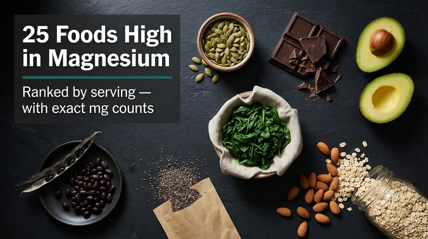 Overhead editorial photo of magnesium-rich foods including pumpkin seeds, dark chocolate, avocado, spinach, almonds, oats, chia seeds, and black beans arranged on a dark slate surface