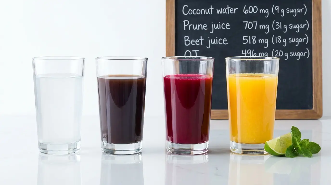 Glasses of coconut water, prune juice, beet juice, and orange juice with potassium and sugar content labels.
