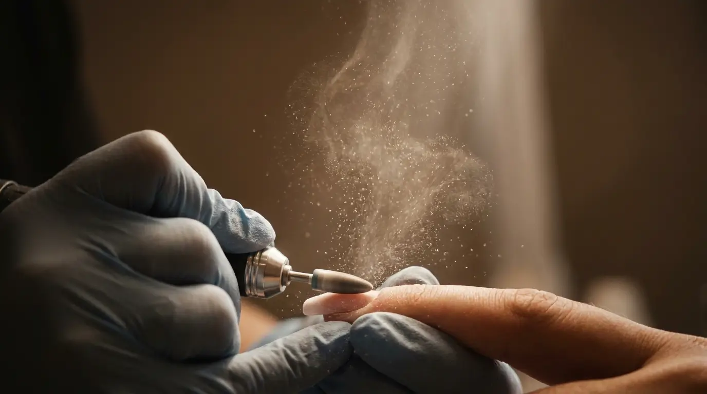 Close up of fine nail dust particles floating in a beam of light during e-filing.