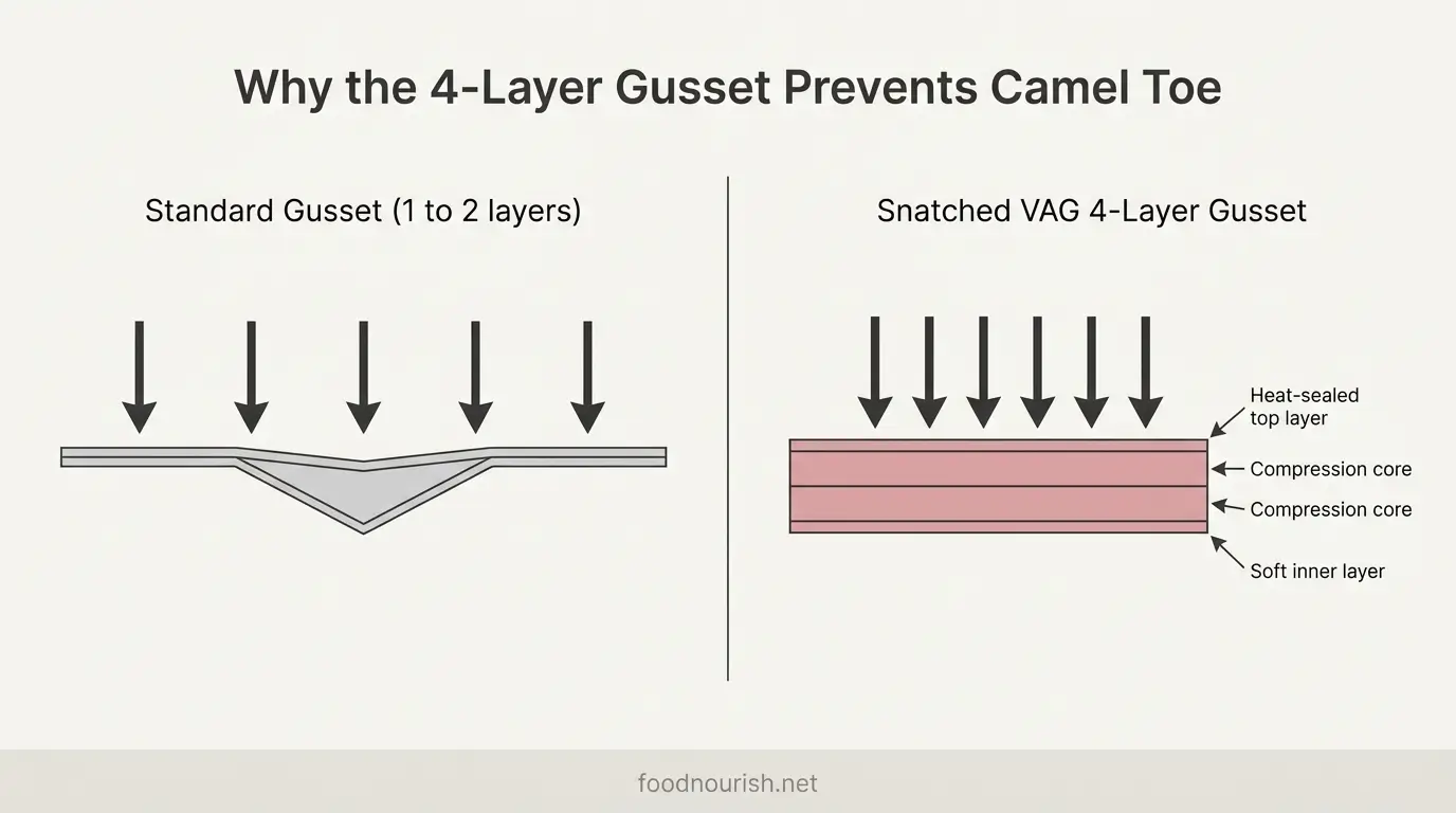 Cross-section diagram comparing a standard 1-layer underwear gusset to the PurtyBody Snatched VAG 4-layer compression gusset