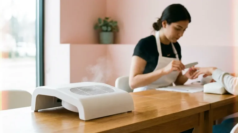 Professional nail technician using a tabletop nail dust collector at a modern salon station with dust visibly drawn into the intake.